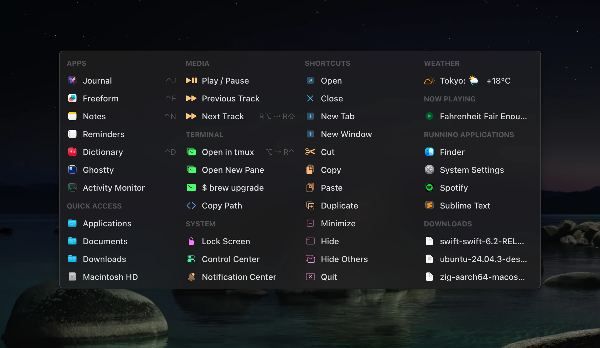 Sudare command launcher interface showing apps, media controls, scripts, and running applications