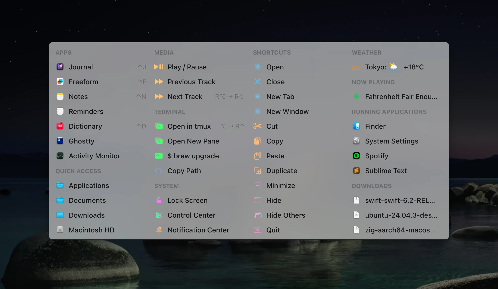 Sudare command launcher interface showing apps, media controls, scripts, and running applications