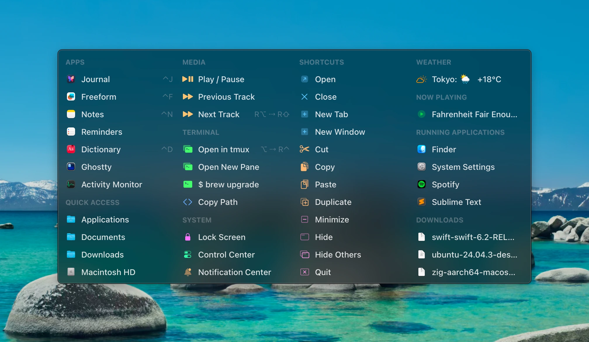 Sudare command launcher interface showing apps, media controls, scripts, and running applications