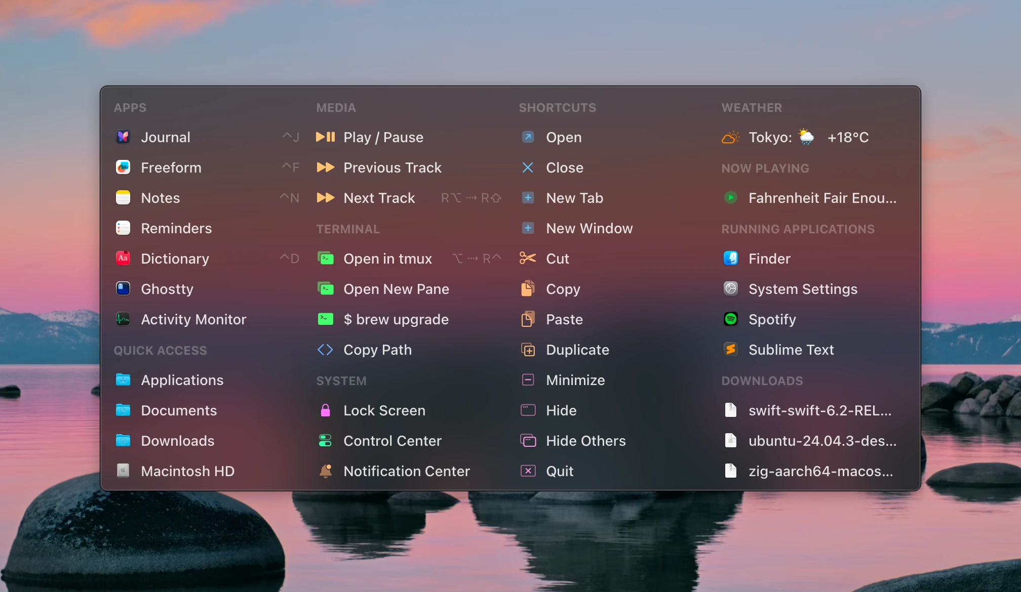 Sudare command launcher interface showing apps, media controls, scripts, and running applications